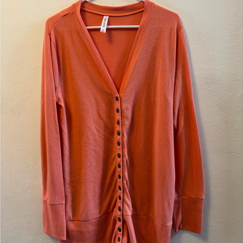 Zenana Coral Button V-Neck Cardigan Sweater Pockets Plus Size 1X
